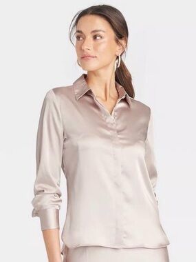 A New Day Satin Button-Up Blouse in Light Champagne